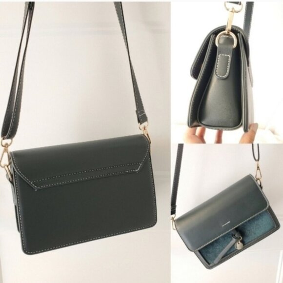 Structured Green Crossbody Shoulder Bag Gold Hardware Vegan Leather - Picture 2 of 6